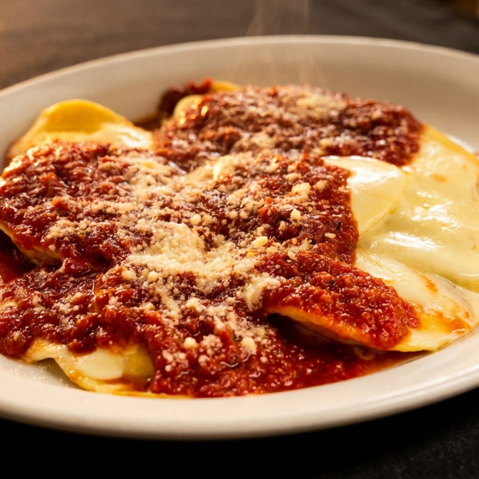 Plate of ravioli topped with chunky tomato sauce and grated Parmesan cheese on a restaurant table.