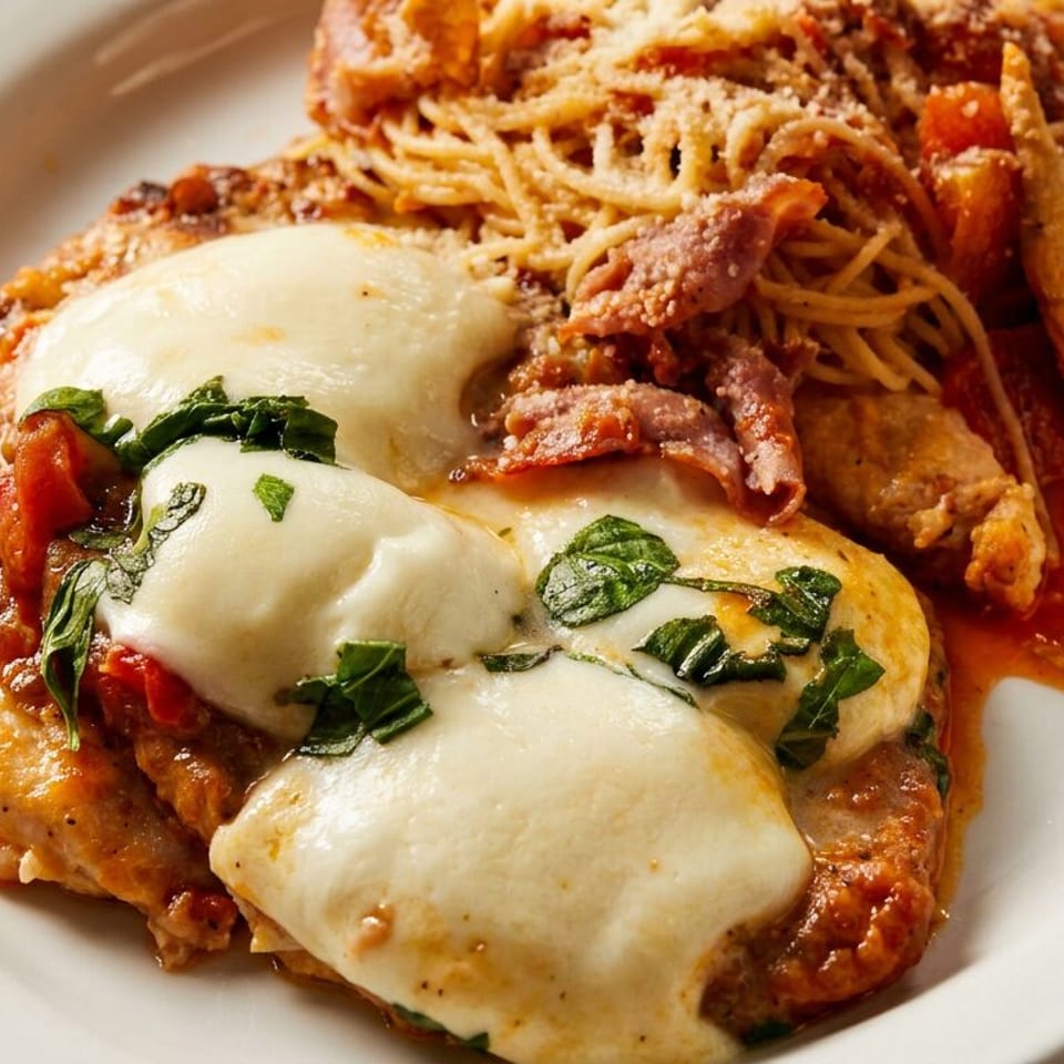 Italian dinner featuring breaded chicken topped with melted mozzarella and basil, served with spaghetti in tomato sauce.