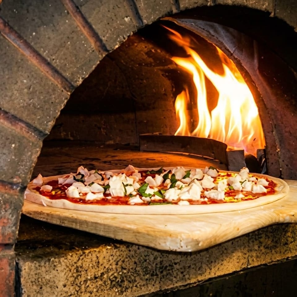 Unbaked topped pizza rests on a wooden peel inside a brick oven with flames glowing behind it.