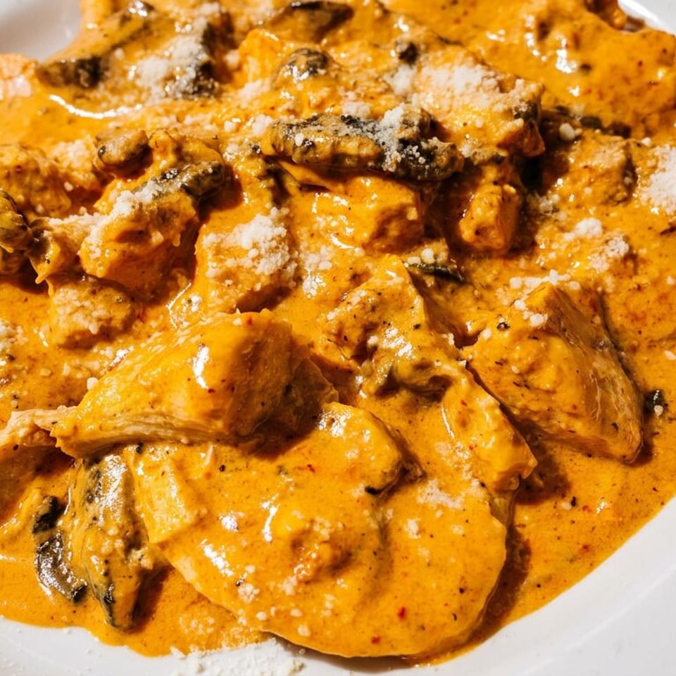 Creamy orange pasta topped with mushrooms and grated cheese on a white plate.