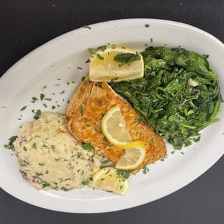 GRILLED SALMON , mashed potatoes, spinach