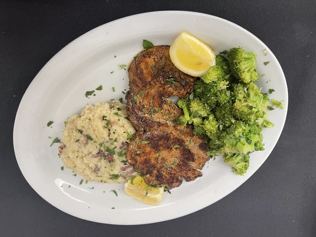 Grilled Chicken, Mashed Potatoes, Broccoli.