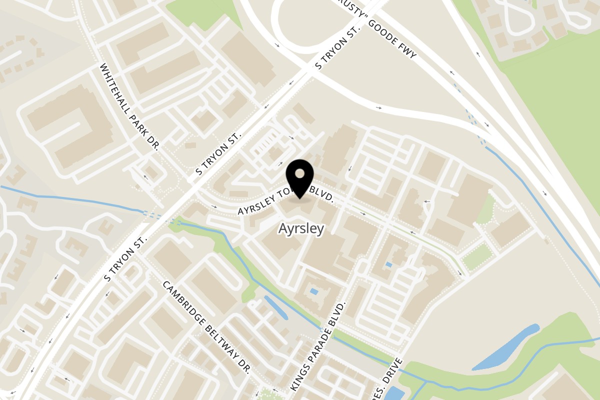 Map showing the location of Portofino's Italian Restaurant on 2127 Ayrsley Town Blvd #100 in Charlotte